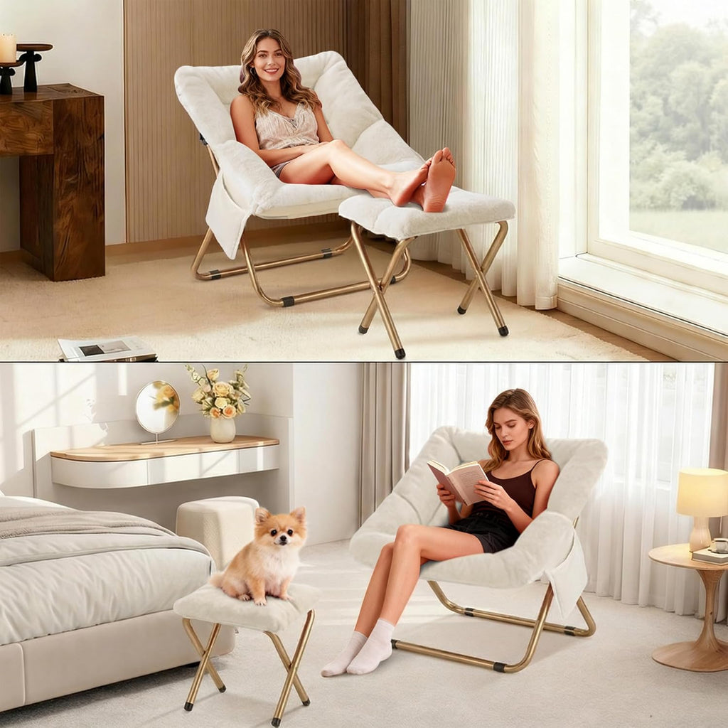 Comfy Saucer Chair for Adults, Foldable Living Room Chairs, Soft Faux Fur Lounge Chair for Bedroom, Reading Chairs, X-Large (Ottoman-White)