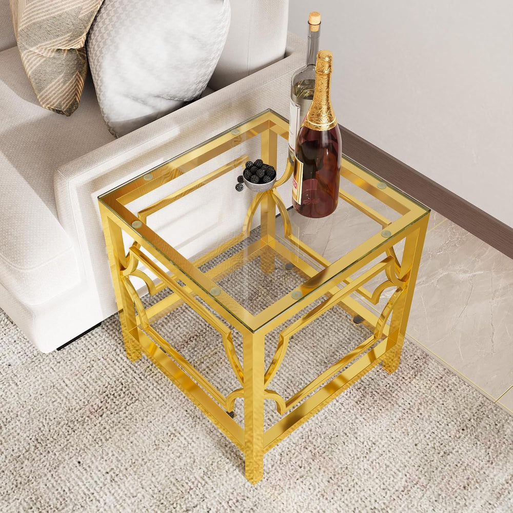 19.7" Modern Square Side Table with Tempered Glass Top & Storage She...