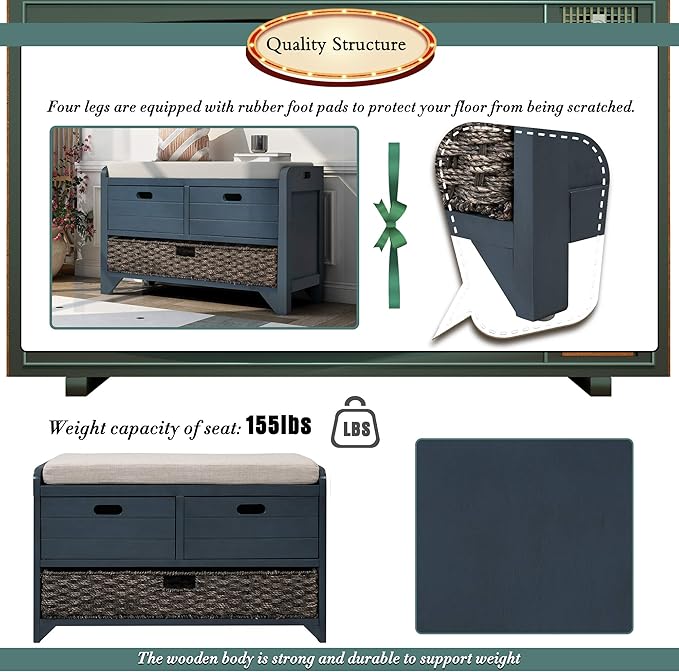 Merax Classic Wood Shoe Storage Bench with 2 Drawers, Large Rattan Basket and Seat Cushion for Entryway Hallway Front Door Navy