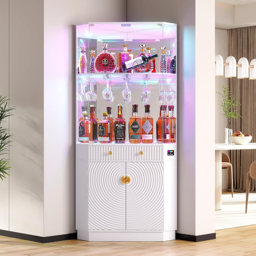 Vlsrka 71" Tall Corner Bar Cabinet with RGB Lighting & Motion Sensor LED | Corner Wine Cabinet with Mirror Back & Glass Doors, Modern Liquor Cabinet with Textured Storage for home living room, White