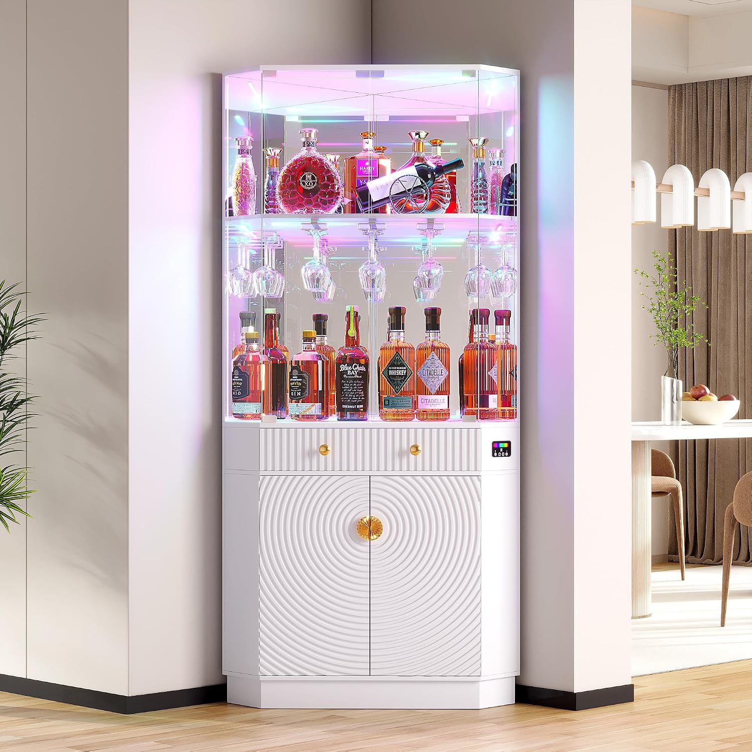 Vlsrka 71" Tall Corner Bar Cabinet with RGB Lighting & Motion Sensor LED | Corner Wine Cabinet with Mirror Back & Glass Doors, Modern Liquor Cabinet with Textured Storage for home living room, White
