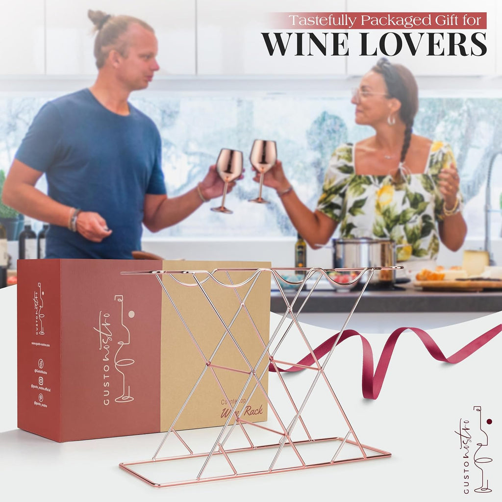 Gusto Nostro Countertop Wine Rack with Glass Holder for 8 Bottles & 4 Glasses, Small Modern Tabletop Wine Rack - No Assembly Wine Holder Stand for Home Kitchen Cabinet Wine Cellar Storage (Rose Gold)