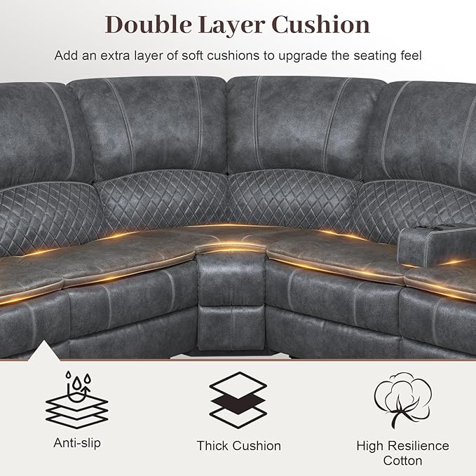 Manual Reclining Sectional Sofa Set, 6 Seats Soft Dutch Velvet Recliner Corner Sectional Couch, Family-Sized L-Shaped Recliner Couch with USB Charging, Thickened Padding, Sturdy Frame, Grey
