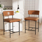 Bar Stools Set of 4, Faux Leather Counter Height Barstools with Curved Back, 25 Inch Upholstered Bar Chairs, Modern Counter Stools for Kitchen lsland, Caramel