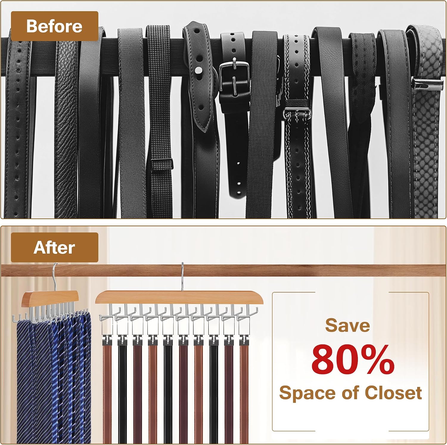 Tie Rack Hanger for Closet, 2 in 1 Belt Tie Hangers with 20 Folding Hooks, 360 Degree Rotating Wooden Tie Holder Organizer for Men Ties Belts Scarves Tank Tops Accessories, Wood (1 Pack)