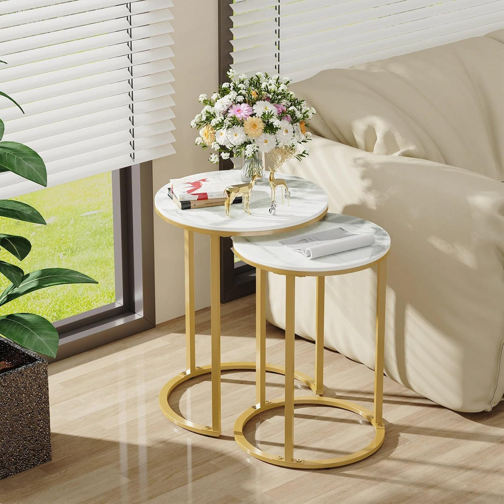 Set of 2 Modern Round Marble Metal Base Nesting Set Side Accent Table Living ...