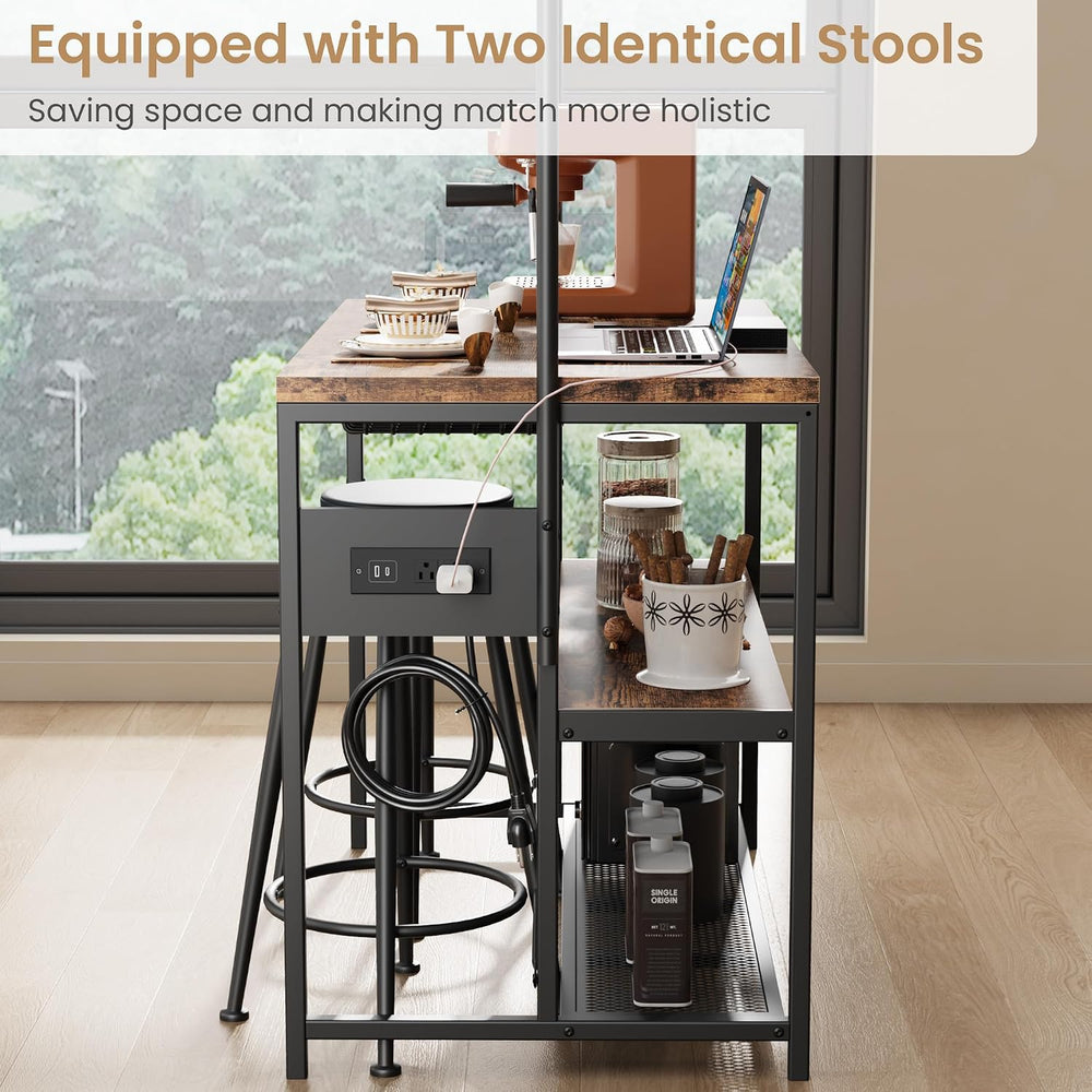 Garvee 3-Tier Small Kitchen Island with Power Outlet&2 Bar Stools, Vintag...