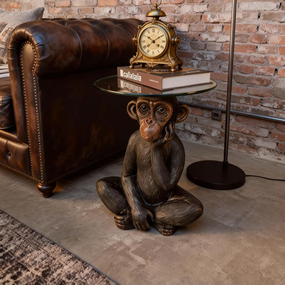 Animal Resin Side Table, Monkey Base Glass Top Side Table, Art Deco Style, Su...