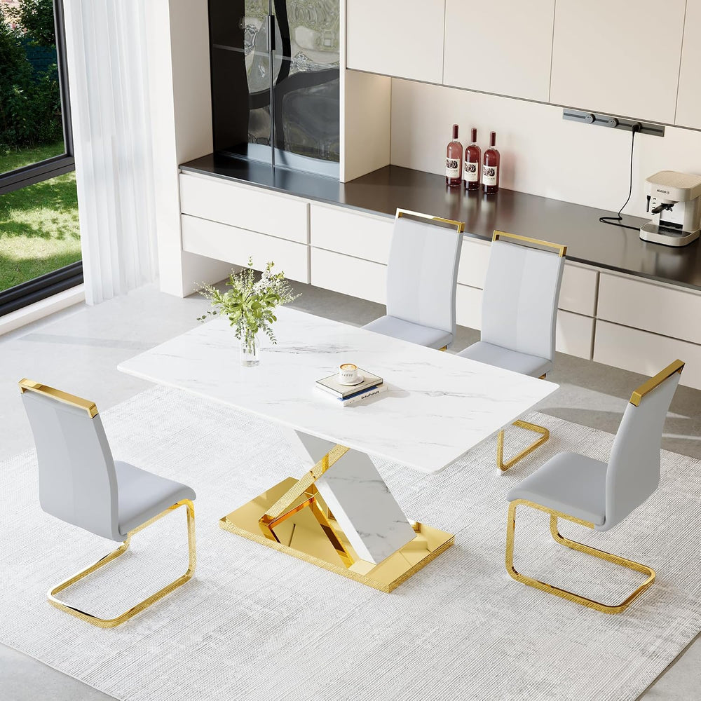 YUNDREAM Modern Marble Dining Table Set for 4,White Gold 63'' Dining ...