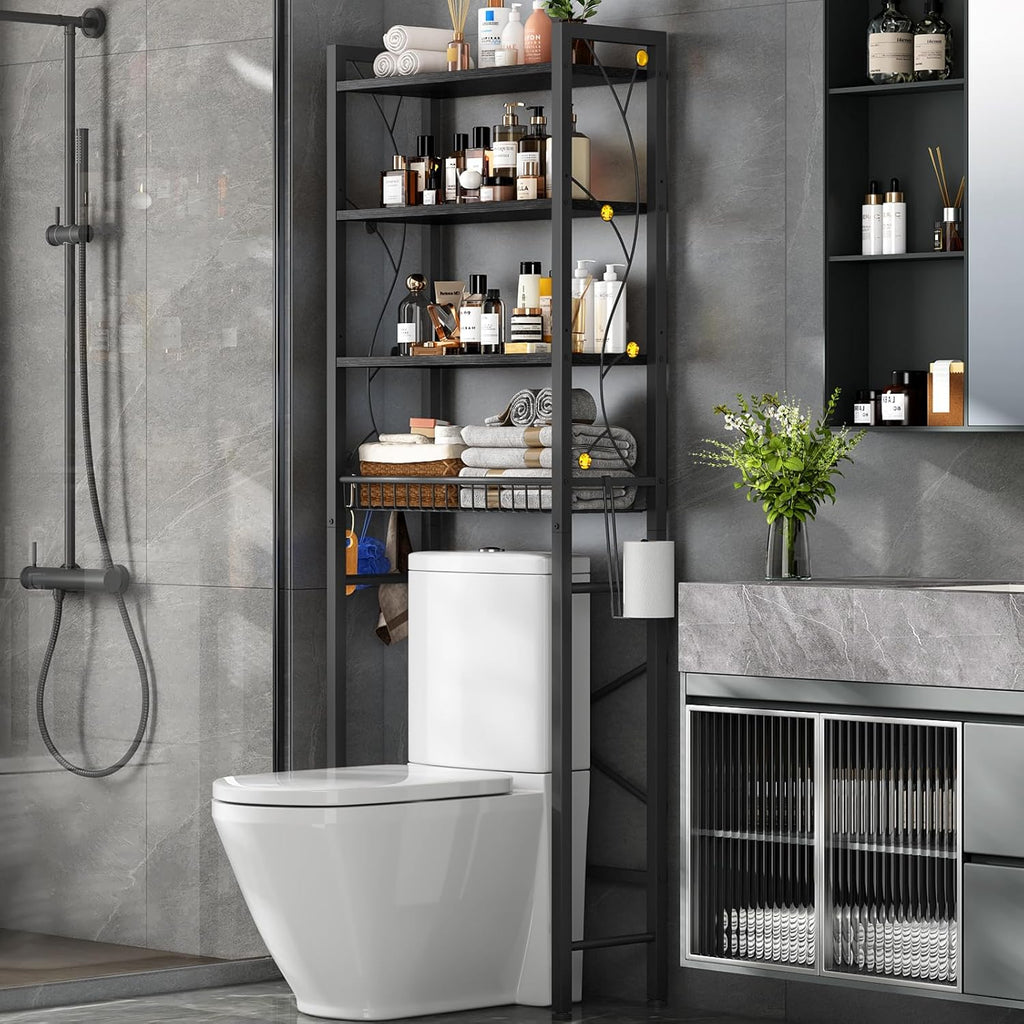 Over-The-Toilet Storage Rack, 4-Tier Bathroom Organizer Shelf Over Toilet with Adjustable Shelf and Basket, Freestanding Space Saver Bathroom Shelves Above Toilet for Room (Pure Black)