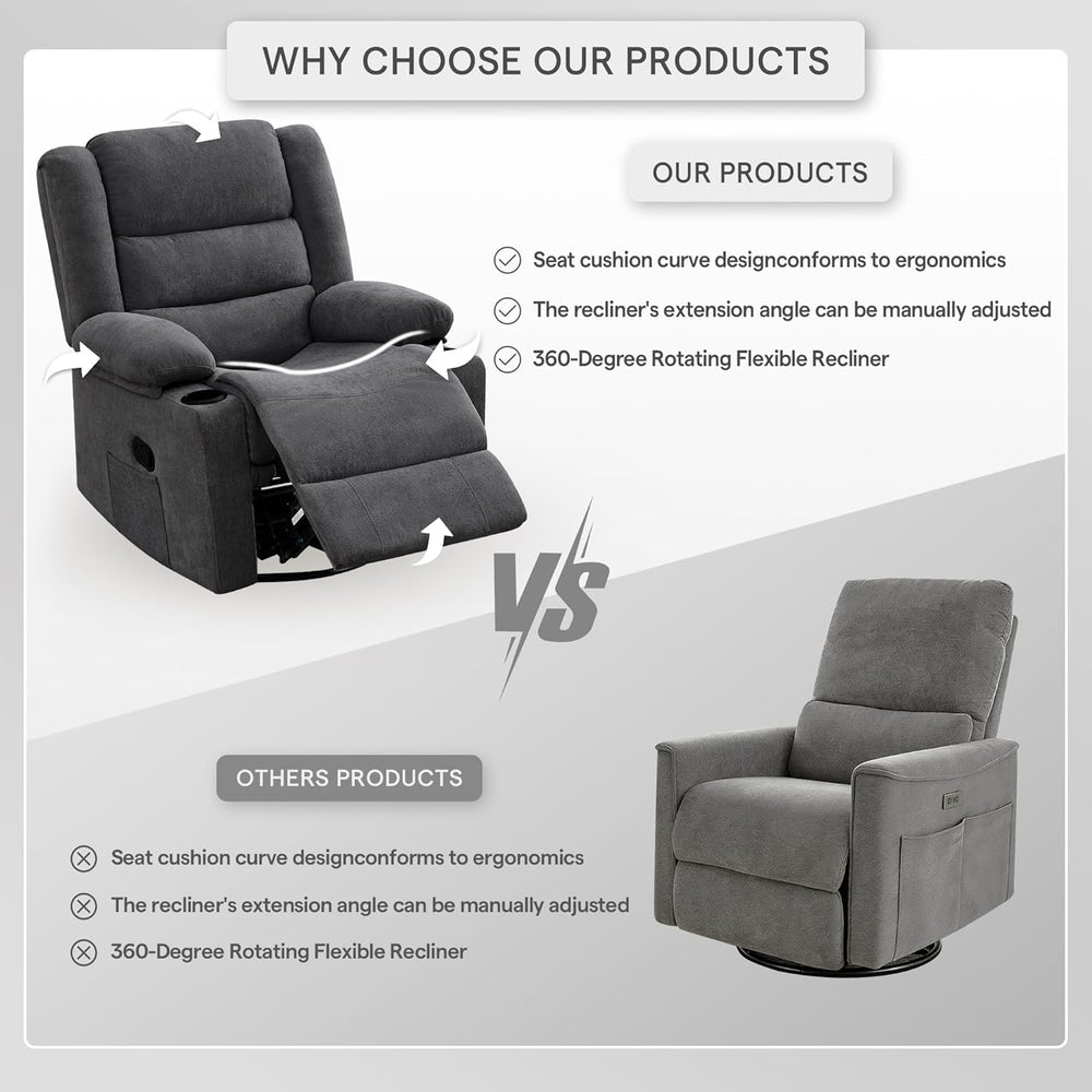 360°Swivel Rocking Chairs for Adult,Recliner Chair with Side Pockets and Cup ...