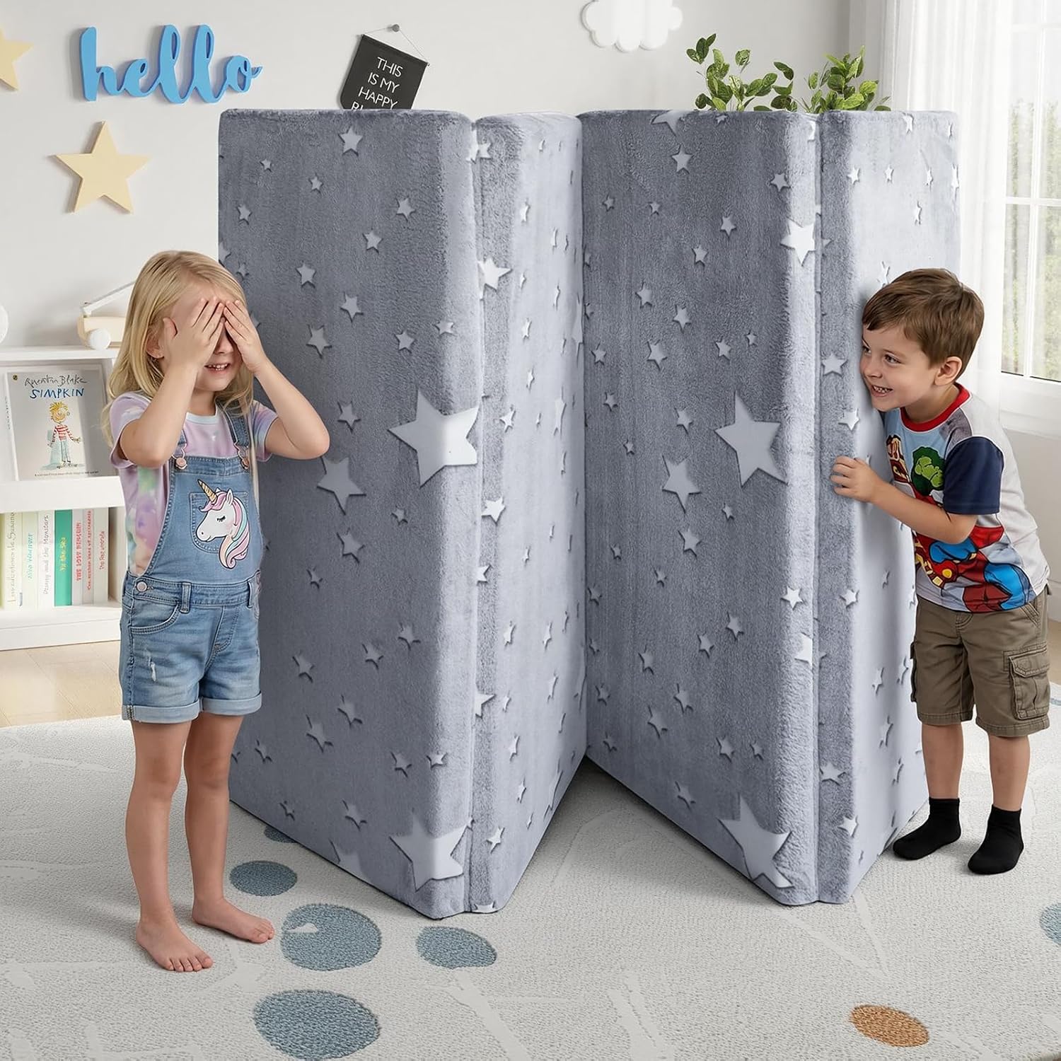 MeMoreCool Foldable Kids Floor Mattress, Play Mat Muscle Mat Large 6x4 FT, Thicken Foam Tatami Futon Mattress for Children Play Area, Sleeping Crawling Pad for Playroom, Grey Star