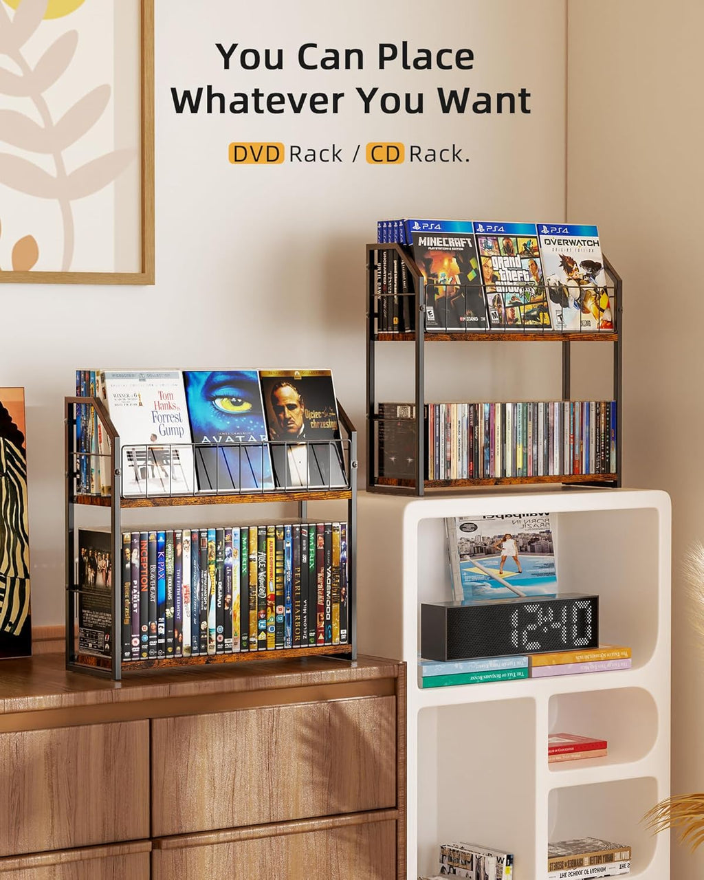 2-Tier DVD Storage Rack, DVD Shelf for Non-slip Feets, DVD Holder Display with 10 lb per Tier, Stores Up to 56 DVDs, Display Organizer Tower for Music Enthusiasts and Collection