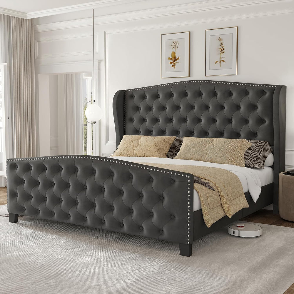 LARMACE Queen Size Bed Frame Velvet Upholstered Platform Bed with Wingback He...