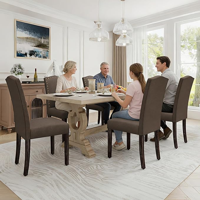 LSSPAID Dining Chairs Set of 4, Modern Comfy Linen Upholstered Parsons Dining Room Chairs with Bronze Nail Head Trim and Brushed Solid Wood Legs, Coffee