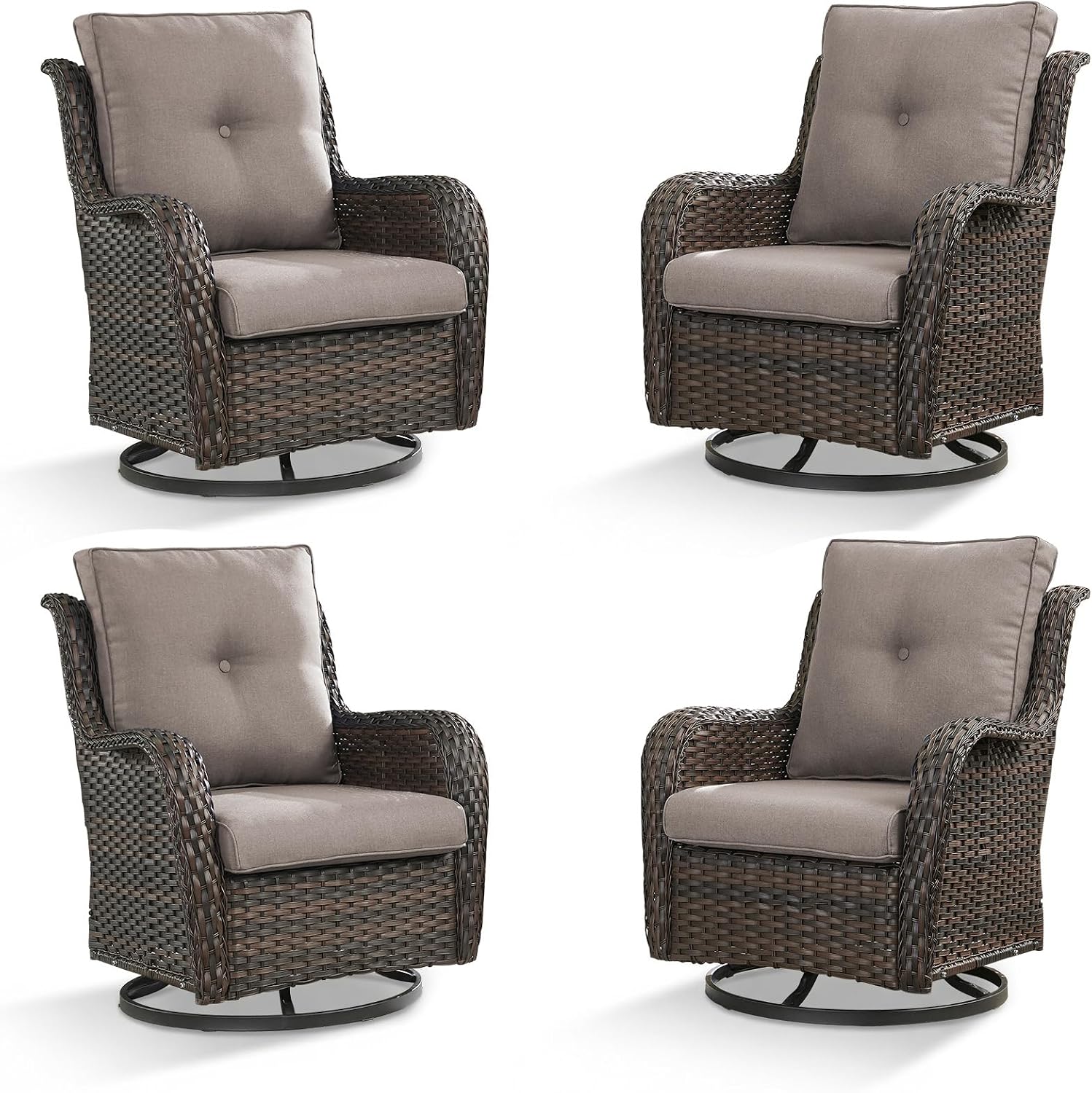 Wicker Rocking Chair Swivel Chairs - 4 Piece Rocker Patio Chairs Set Rattan Rocking Chair for Outdoor Porch Deck Garden Backyard(Brown/Grey)