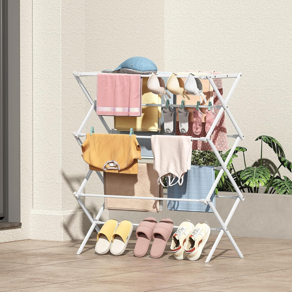 KINGBOARD Clothes Drying Rack, Collapsible Drying Rack Clothing with 11 Poles, 3-Tier Laundry Drying Rack, Small Clothes Drying Rack Foldable for Baby Clothes Sock Towel, 25lb Capacity, White