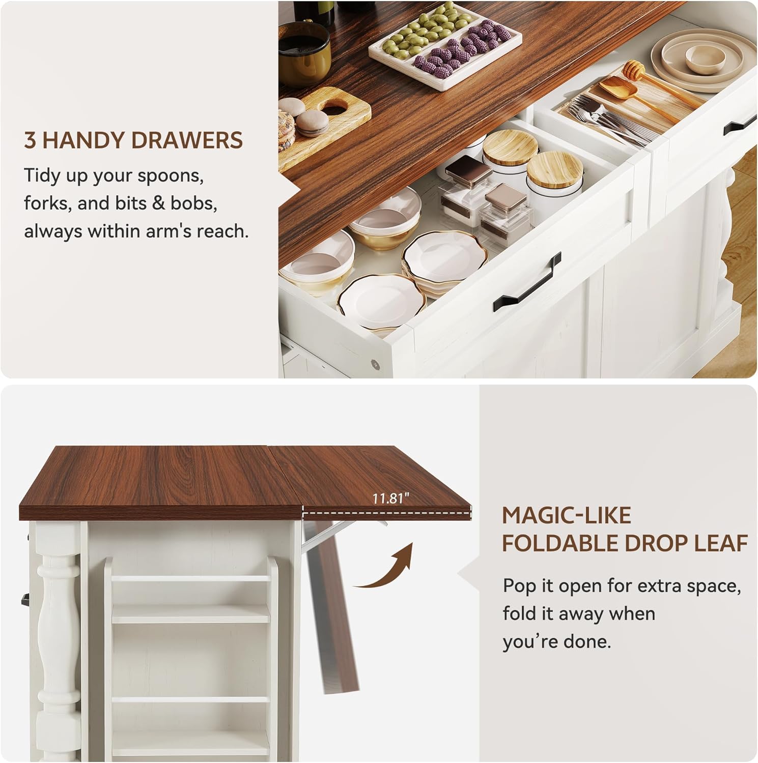 Kitchen Island with Drop Leaf, 47.6" Kitchen Island with Storage | with Power Outlet & Trash Bin Rolling Kitchen Cart with Spice Rack Island Table for Kitchen Breakfast Home Bar, Antique White