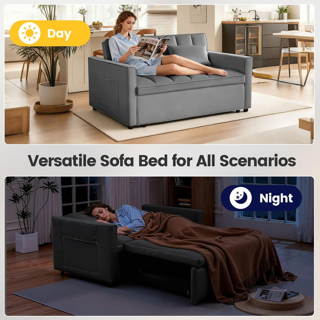 3 in 1 Convertible Sofa Bed, Love Seat Sleeper Bed with Side Pockets, Velvet Fabric Pull Out Couch with Adjustable Backrest for Living Room, Bedroom, Gray Apartment, Gray