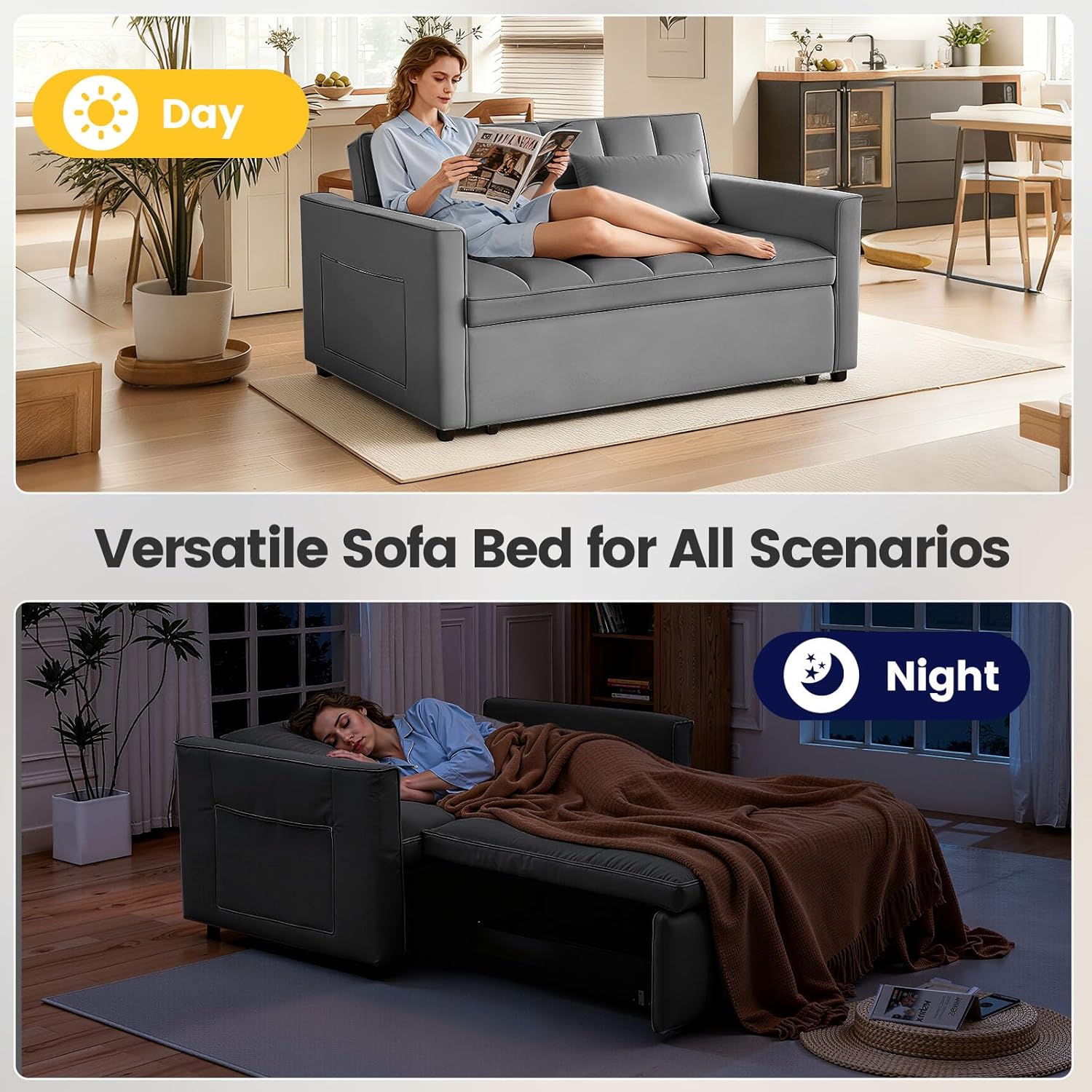 3 in 1 Convertible Sofa Bed, Love Seat Sleeper Bed with Side Pockets, Velvet Fabric Pull Out Couch with Adjustable Backrest for Living Room, Bedroom, Gray Apartment, Gray