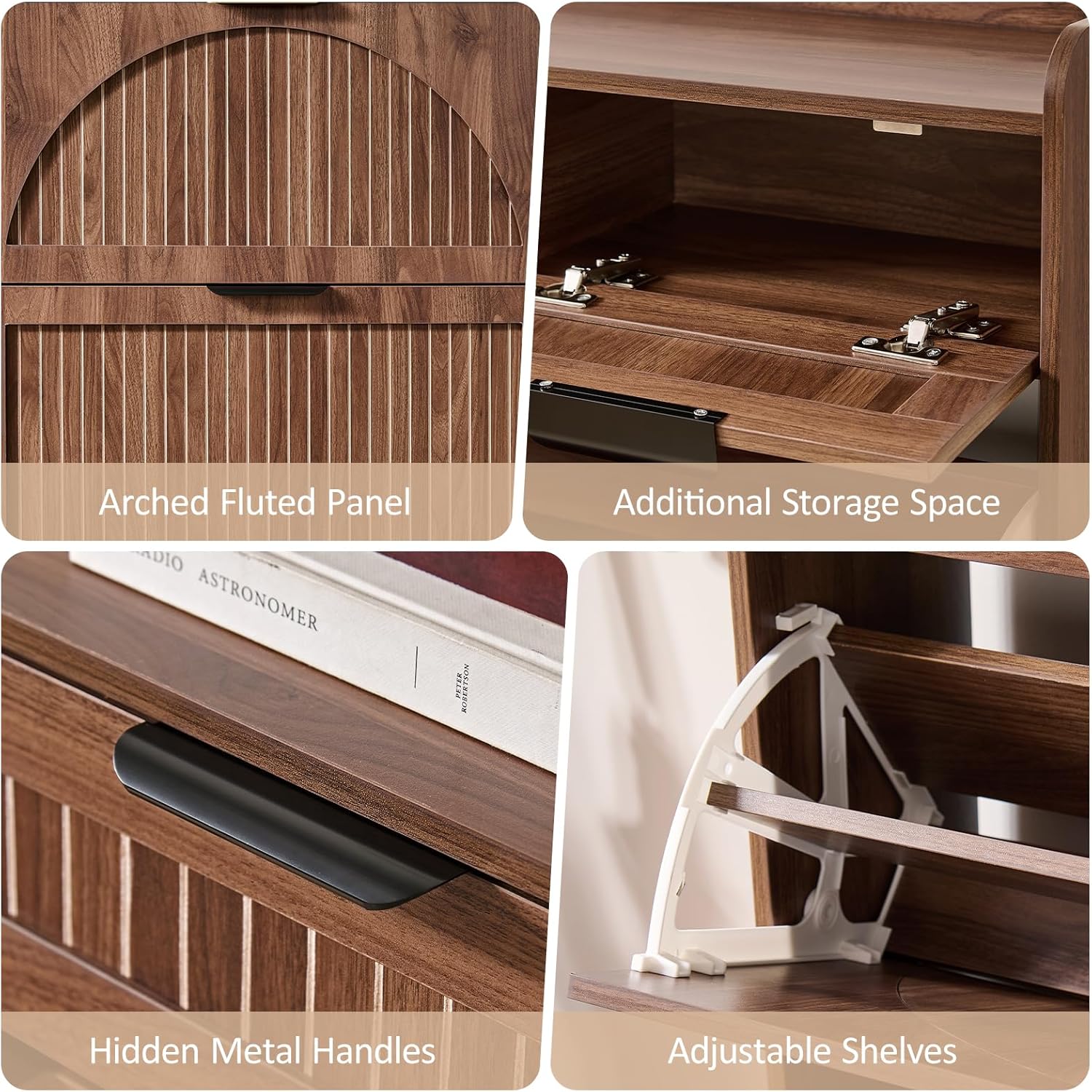 Fluted Shoe Cabinet Storage for Entryway – Narrow Shoe Rack with 2 Flip Drawers & 2 Storage Drawers, Freestanding Hidden Shoe Organizer for Foyer, Hallway (Walnut)