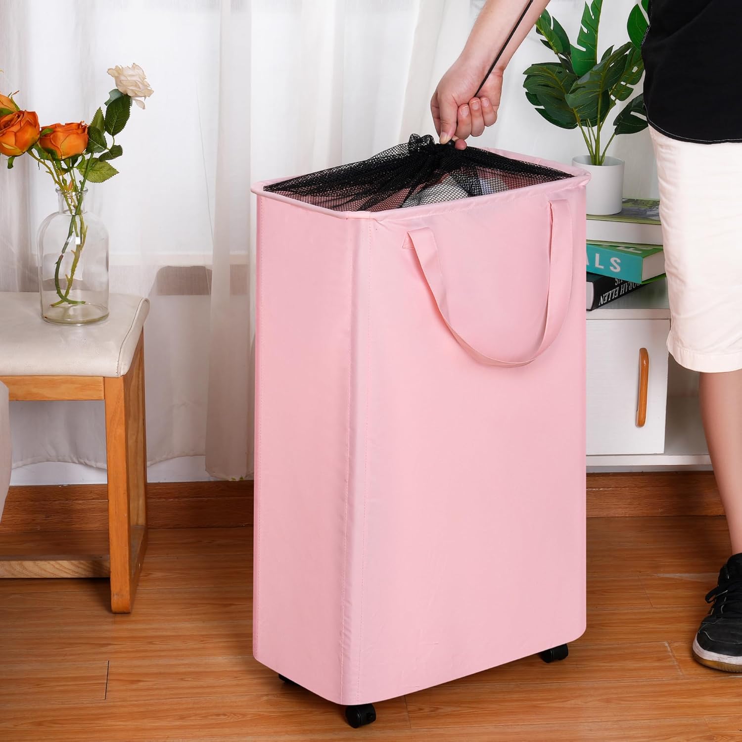 efluky Slim Laundry Hamper with Wheels, Rolling Laundry Basket for Clothes, Small Laundry Basket for Bedroom, Dorm and Laundry Room, 75L (19.8 Gallons) Pink