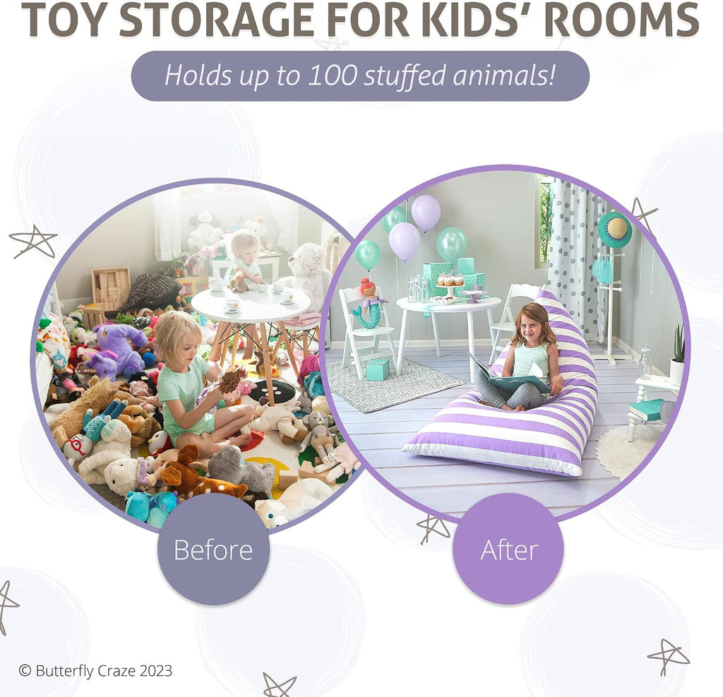 Butterfly Craze Stuffed Animal Storage Bean Bag Chair Cover - 861.64 L Purple Stripes - Extra-Large Floor Lounger & Toy Organizer - Bean Bag Chairs for Kids - Machine-Washable Canvas