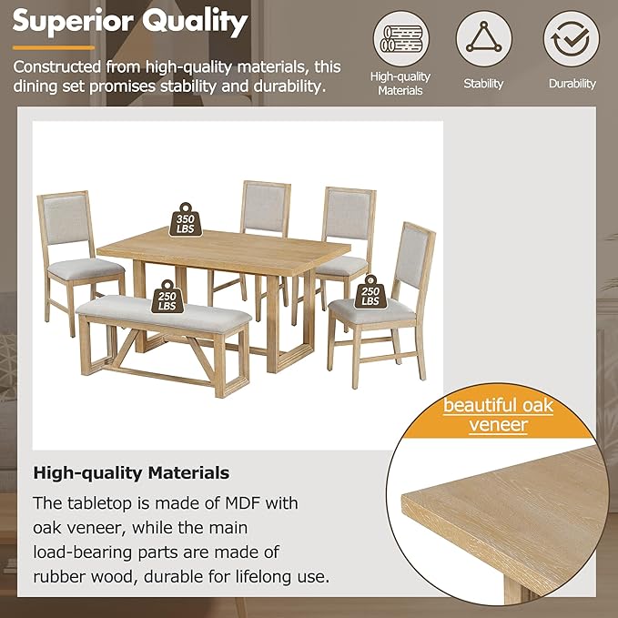 Merax Farmhouse Wood 6-Piece Dining Set, 59.6 inch Rectangular Table, 4 Uphol...