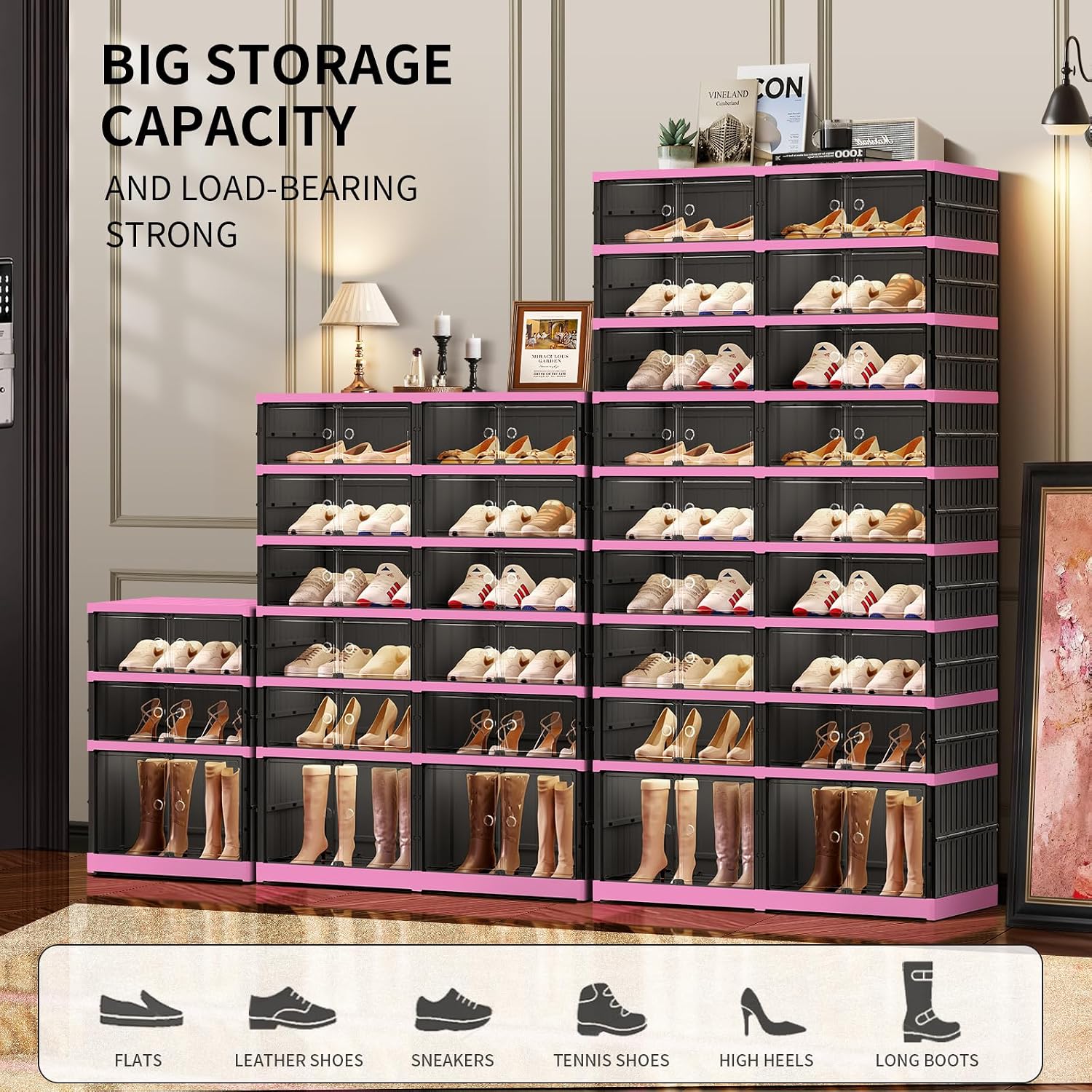CIMLORD 9-Tier Foldable Shoe Rack Organizer with Door, 36 Pairs, Black-Pink | Collapsible Large Shoe Rack for 36 Pairs, Fits Boots, Wide Stackable, Clear Door, Lidded Boxes, Easy Assembly, for Closet