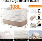 OIAHOMY 108L Extra Large Blanket Basket, 25”x16”x16” Rectangle Woven Cotton Rope Baskets for Living Room, Toy Storage with Handle- Gradient Light Brown