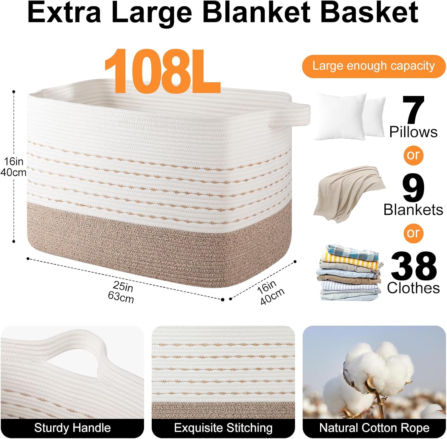 OIAHOMY 108L Extra Large Blanket Basket, 25”x16”x16” Rectangle Woven Cotton Rope Baskets for Living Room, Toy Storage with Handle- Gradient Light Brown