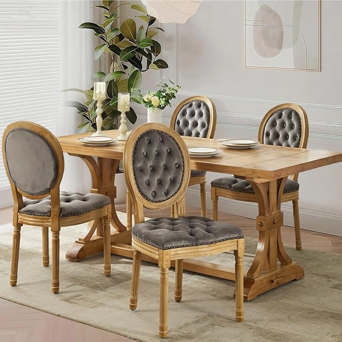 Upholstered Dining Chairs Set of 4 French Country Oval Fabric Back Kitchen Side Chair with Wood Legs for Dining Room, Kitchen, Restaurant(Grey-Velvet)