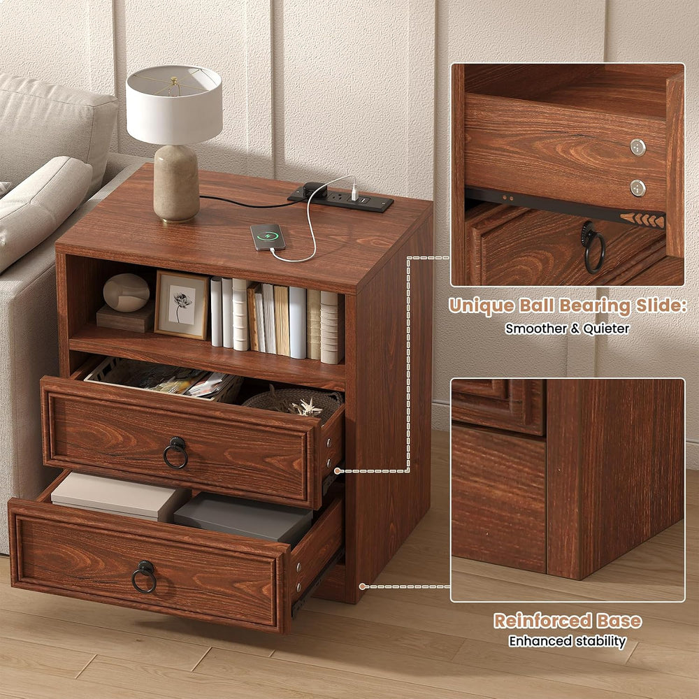 VVFLU Farmhouse Nightstand with Charging Station, 21.7" Wide End Table w...