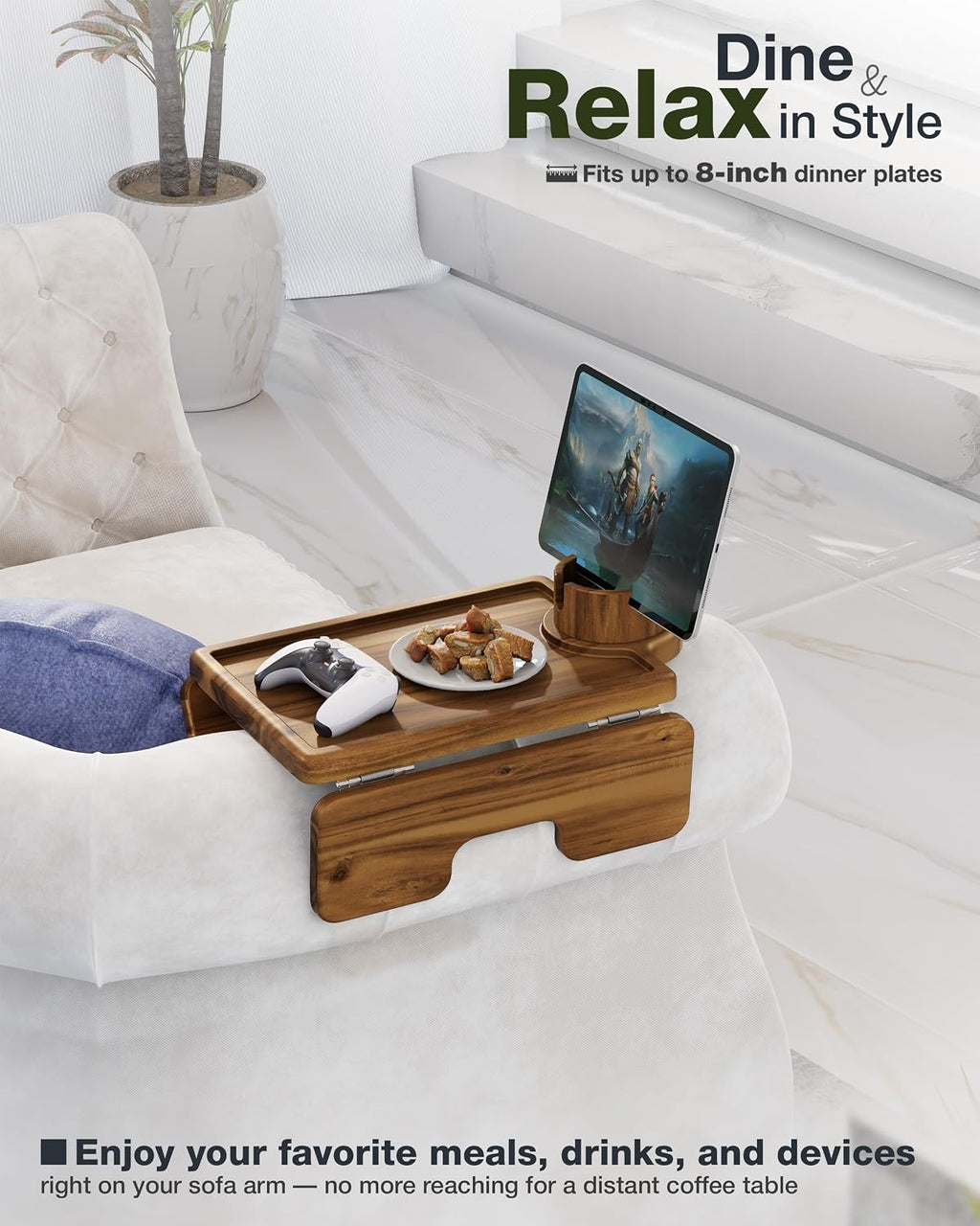 Bluewest 3-in-1 Couch Cup Holder Tray & Sofa Arm Tray, Acacia, 16 x 9.8 in | Clip-on side table with 360-degree cup holder, double SS304 hinges and non-slip design for TV dinners, remotes and drinks.