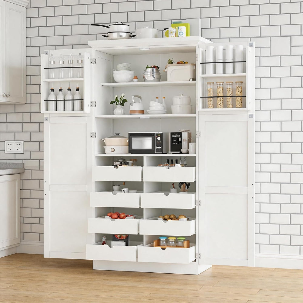 71 Inch Kitchen Pantry Cabinet with Pull-Out Trays, White | White P2 MDF, kit...