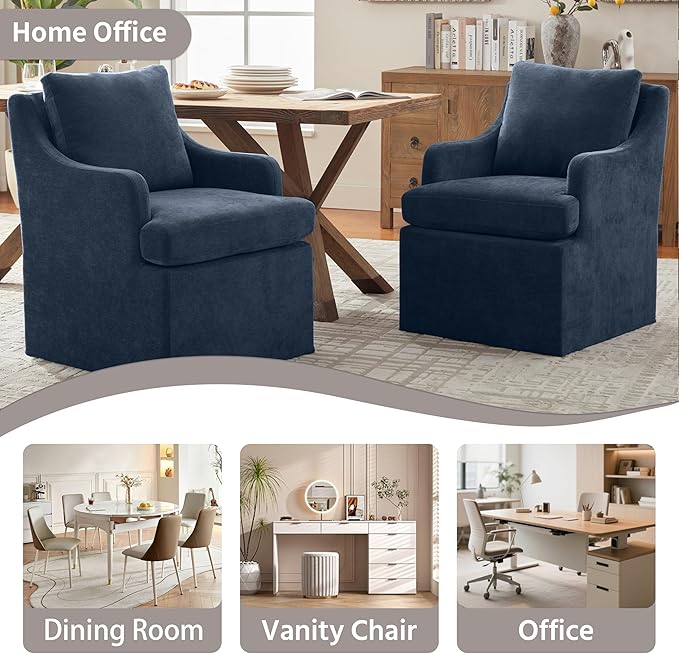 VKNOW Upholstered Dining Chairs, Modern Kitchen Chairs Dinner Chairs with 4 Casters, Chenille Armchair for Bedroom Reading Room Living Room, Blue