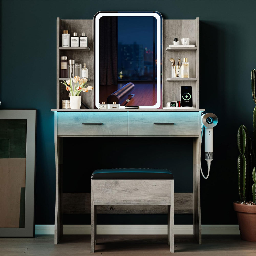 Vanity Desk with LED Lights Mirror & Power Outlet, Small Makeup Vanity Ta...