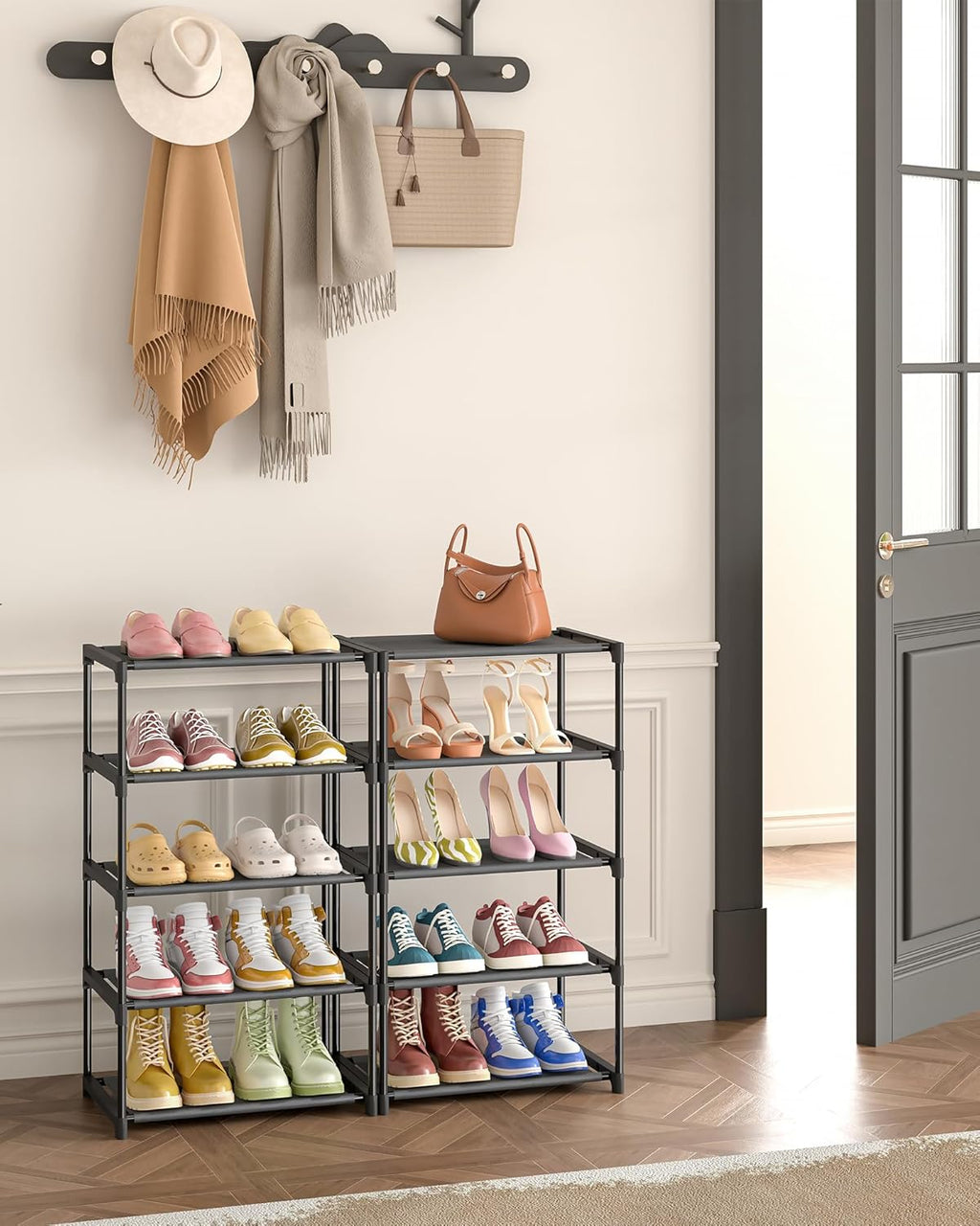 5-Tier Small Shoe Rack, Narrow Space-Saving Organizer for Small Spaces, Non-Woven Fabric Lightweight Shoe Shelves, for Closet Floor, Front Door, Entryway, Kids/Toddler/Adults, Black