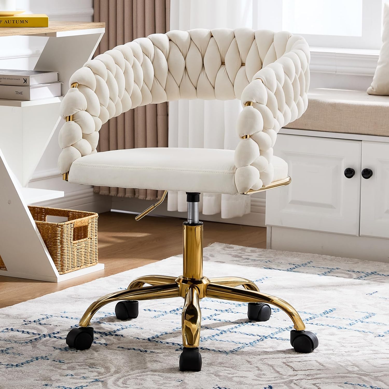 NIOIIKIT Woven Home Office Chair, Velvet Upholstered Desk Chair with Open Back, Height Adjustable Task Chair, Office Armchair with Wheels, Vanity Chair, Computer Chair for Office (Beige)
