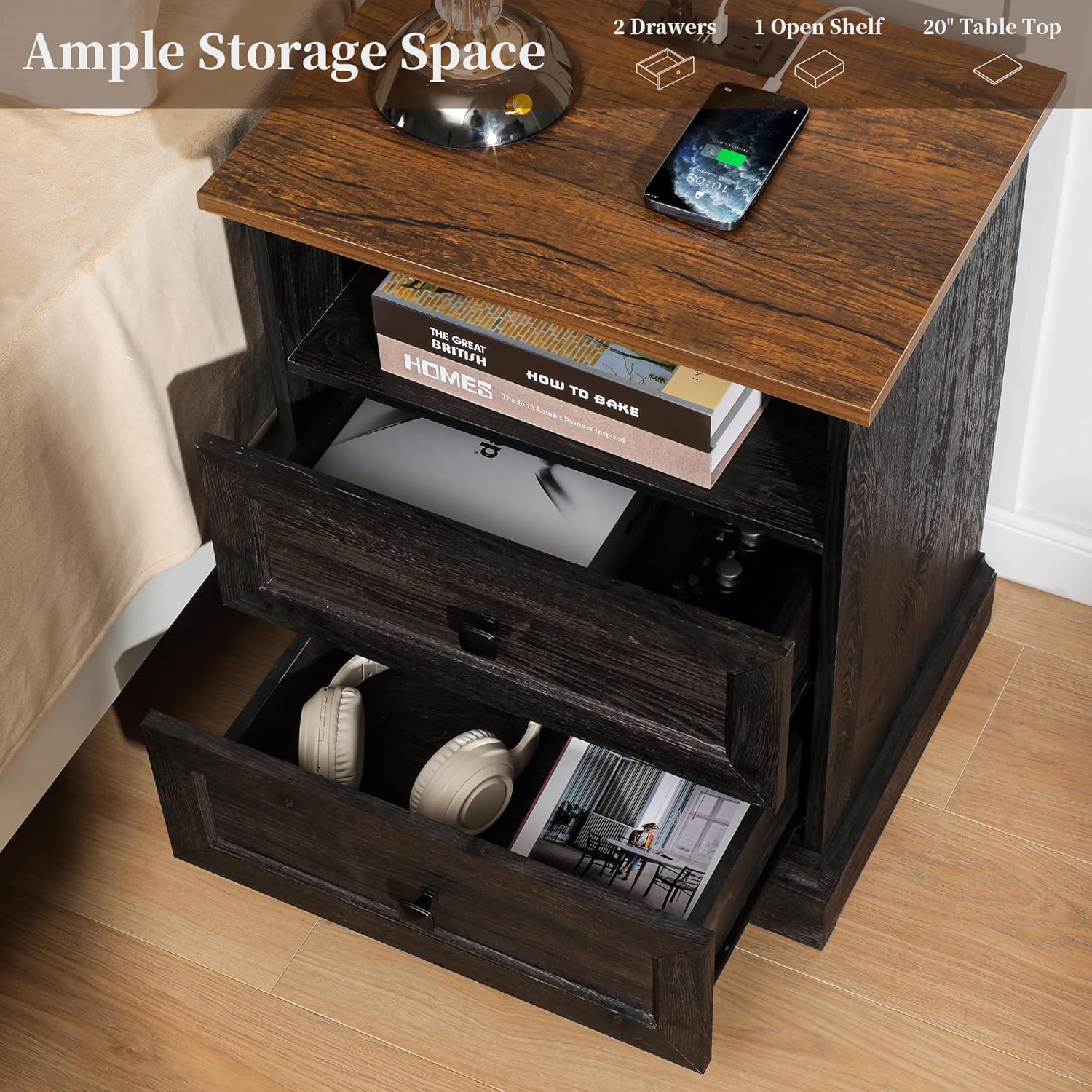 Night Stand with Charging Station, Bedside Table with 2 Drawers Storage and Open Shelf, Espresso Nightstand Set of 4 with Outlets, Wood Modern End Table for Bedroom Office
