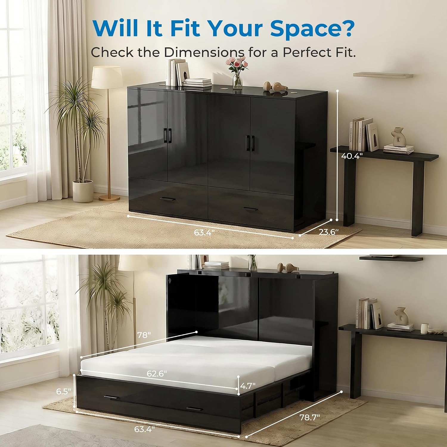 Mjkone 63.4" Width Queen Size Murphy Bed Cabinet with Tri-Folding Mattress Included, High Gloss MDF Storage Cabinet Guest Bed Chest Cabinets with 16 Colors of LED Lights for Home Offices, Black