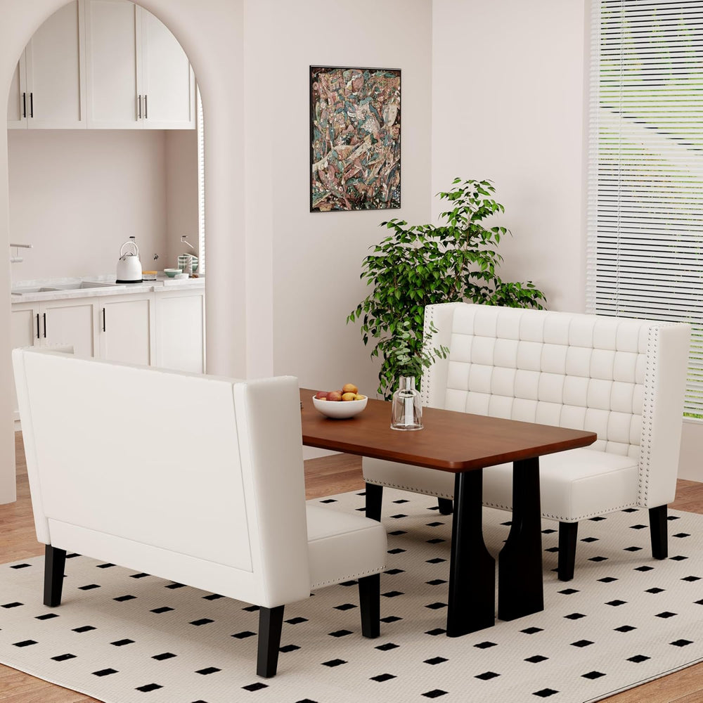 White Faux Leather Loveseat Settee, Modern Tufted Upholstered Bench with Back...