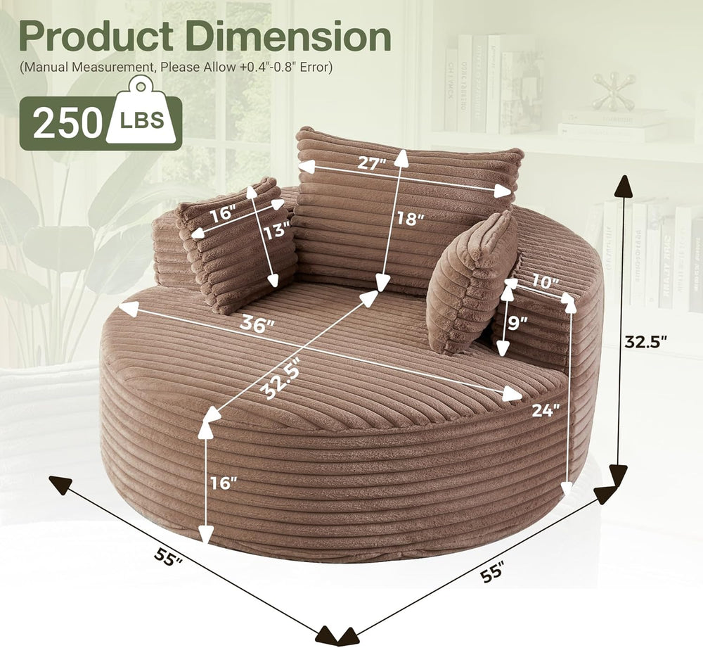 55''Oversized Round Chair Lounge Chaise Indoor, Modern Upholstered Co...