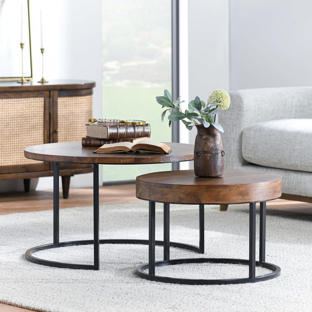 32" Natural Grain Side Coffee Table, Small Nesting Tables with Sturdy Ir...