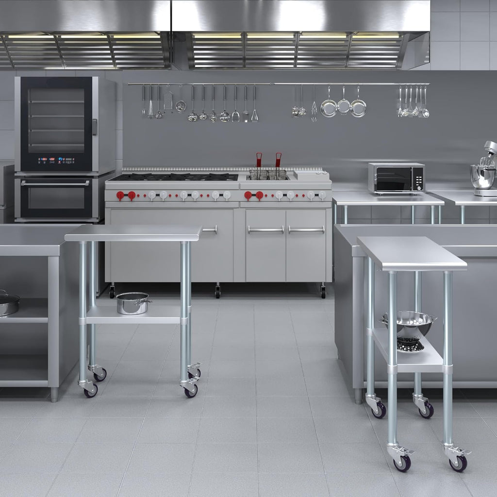AmGood 30" x 15" Stainless Steel Work Table with Casters | Heavy Duty Metal Utility Table On Wheels | Kitchen Island Cart