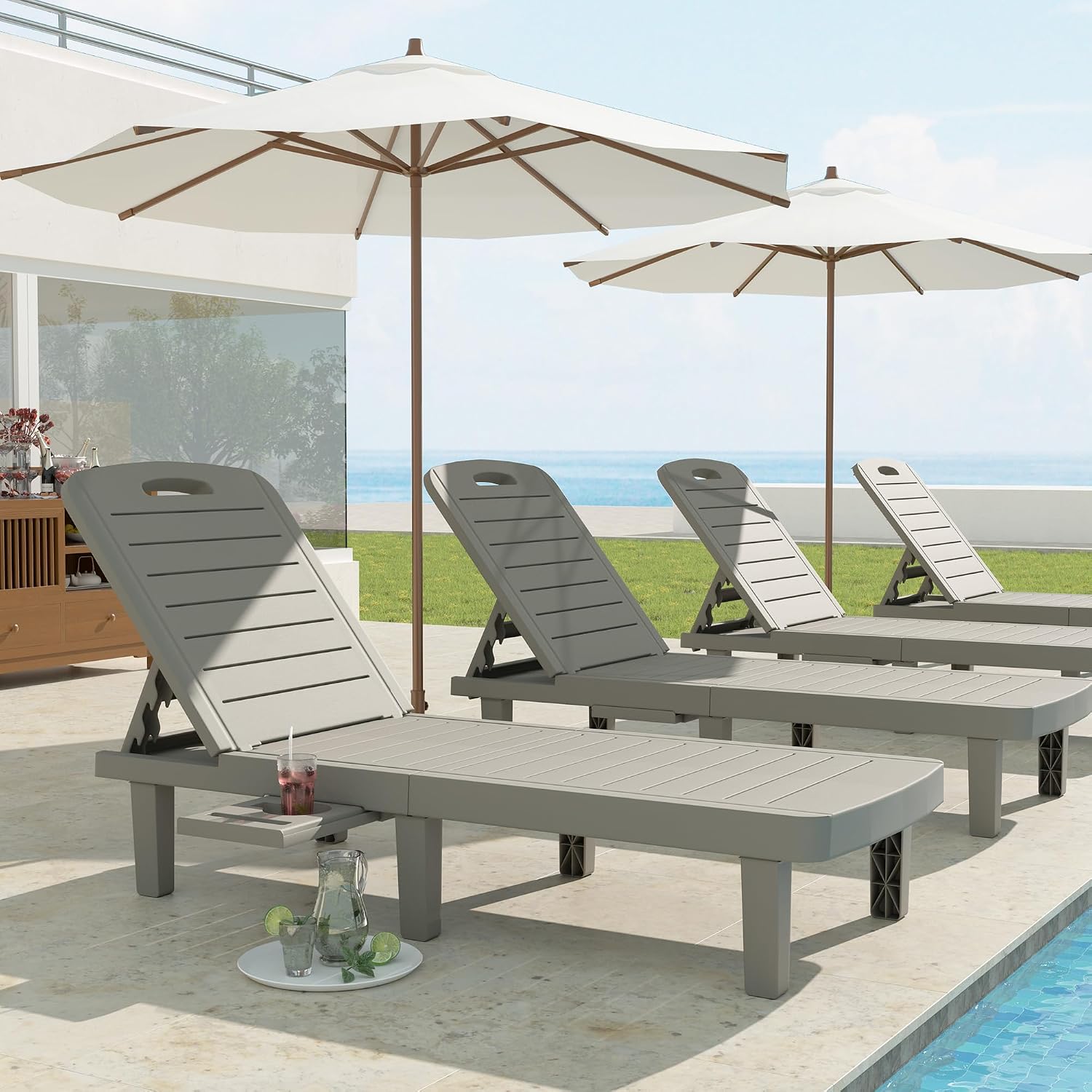 UDPATIO Outdoor Lounge Chair Pool Waterproof Chaise Chairs Reclining | Resin 5-Position Adjustable with Cup Holder Patio Recliner Furniture Weather Resistance for Beach Garden Indoor Resin L Grey