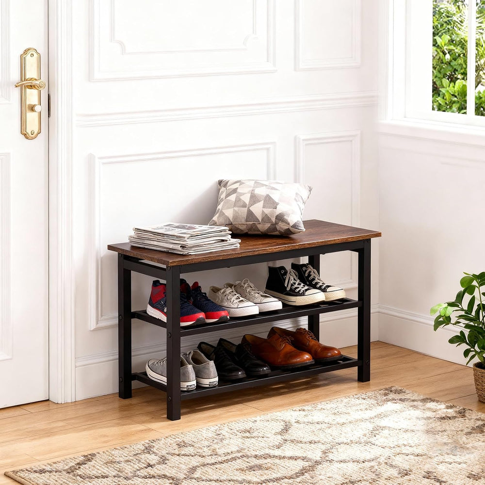 3-Tier Shoe Rack Bench, Rustic Brown Industrial Entryway Storage Organizer wi...