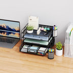 Marbrasse Desk Organizer and Accessories4-Tier Paper File Letter Tray Accessories & Workspace Desk Organizers with Drawer and 2 Pen Holders for School Home Office Supplies (Black)