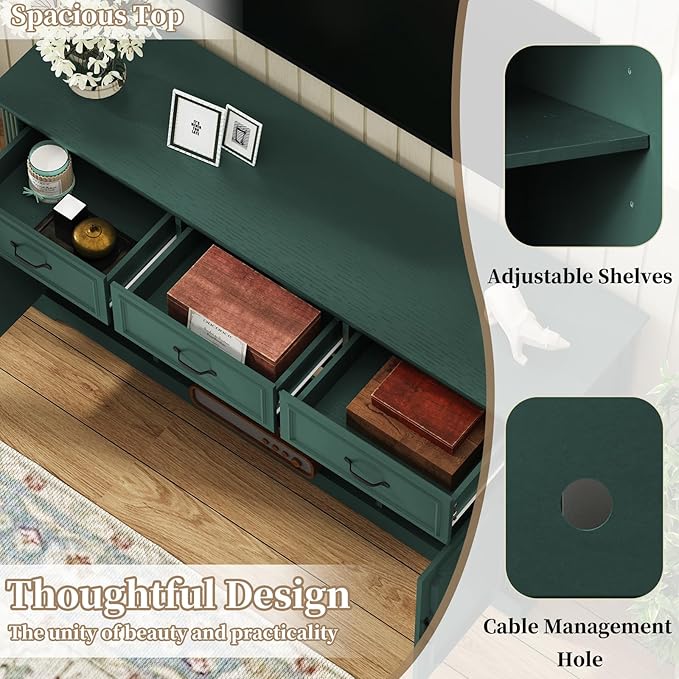 ARTPOWER TV Stand with 3 Drawers for TV up to 65'', Wood Mid Century Television Cabinet with Adjustable Shelves, Entertainment Center with Storage, Console for Living Room, Green