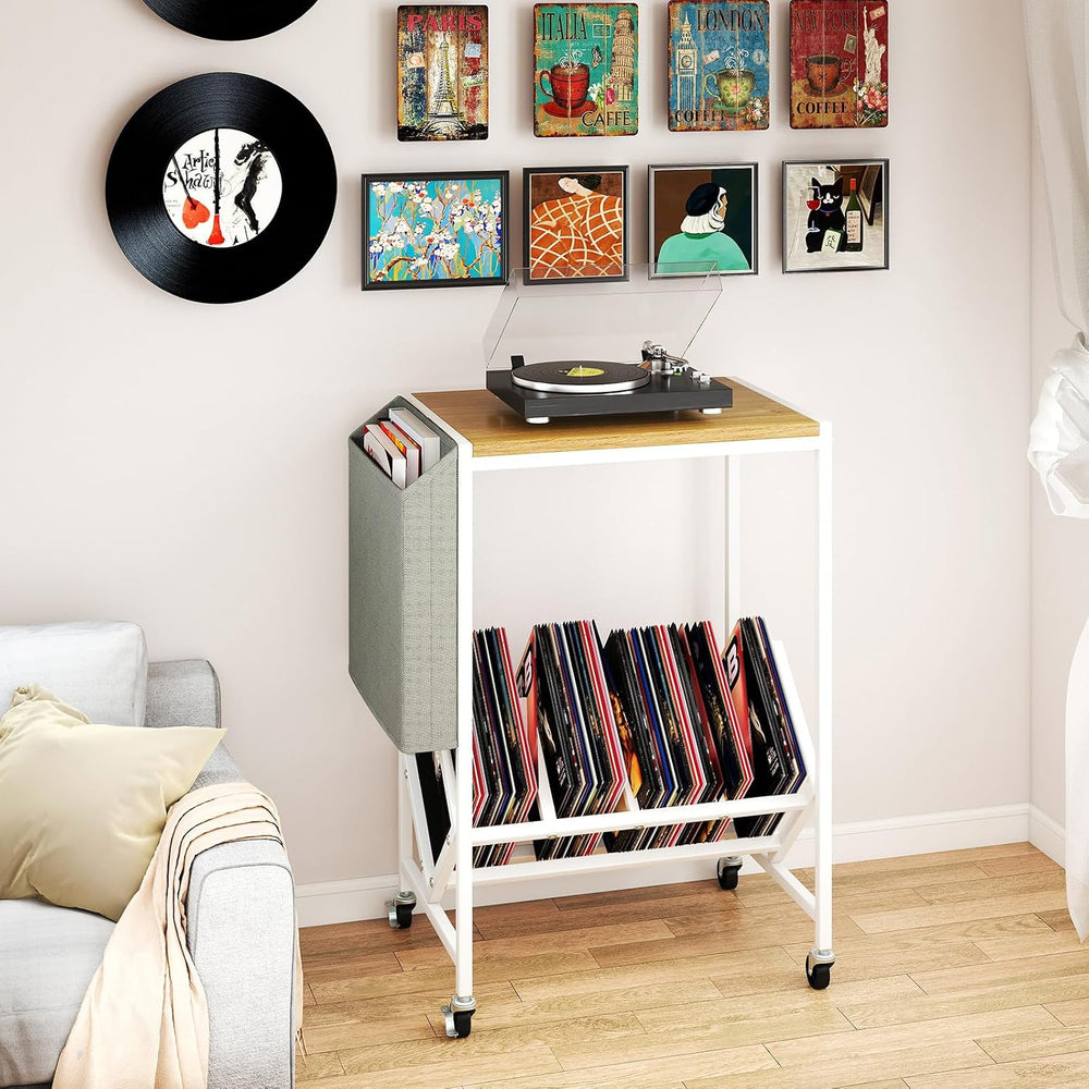 GOFLAME Rolling Record Player Stand, 2-Tier Turntable Stand with Fabric Side ...